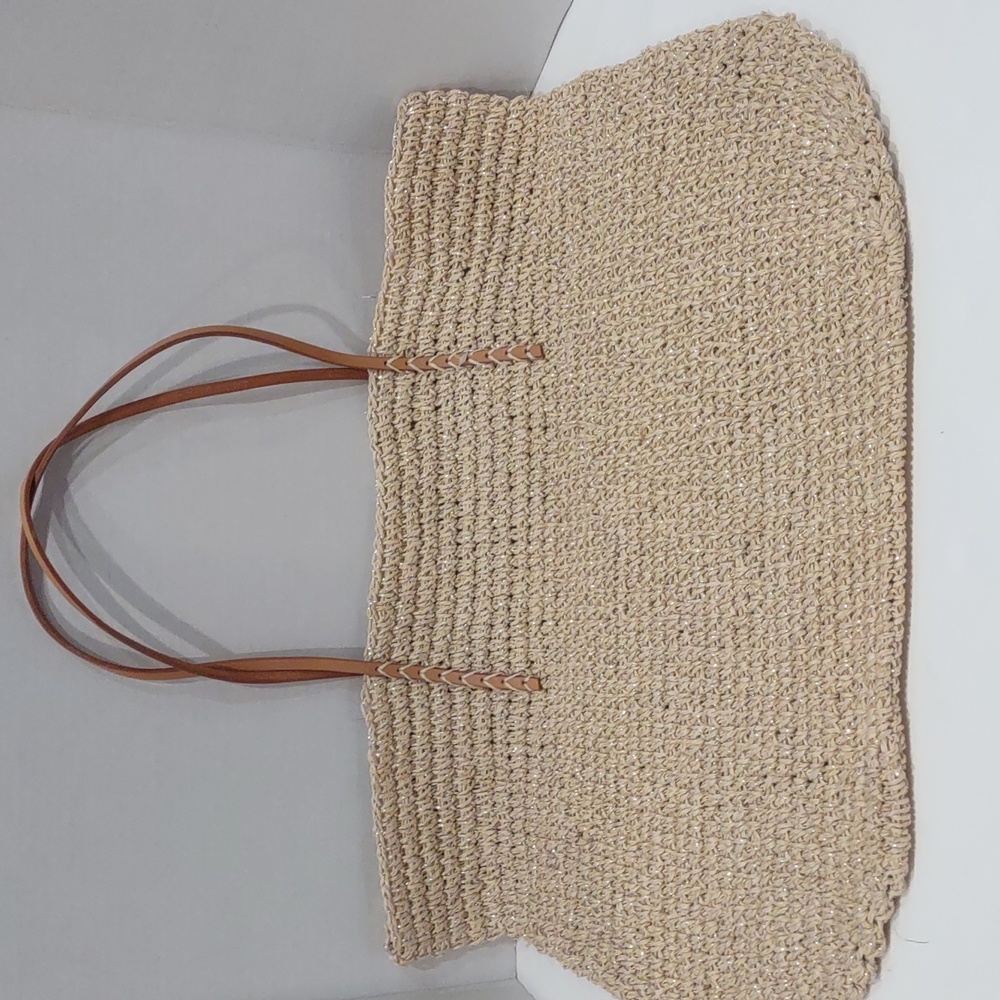 NWOT Merona Straw Packable Shoulder Bag w/Silver & Leather Straps Beach/Travel - Picture 2 of 9